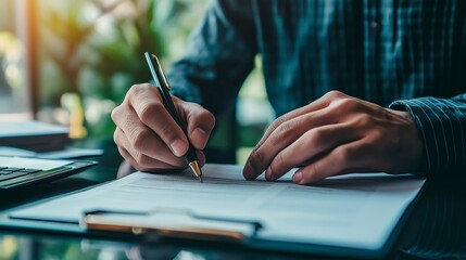 Double exposure of businessman's hands typing on computer