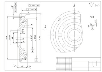 Assembly drawing of cap of electrical reducer.
Vector design of steel mechanical device with dimension lines.
Engineering technic cad scheme on white
paper sheet. Hand drawn pencil sketch.