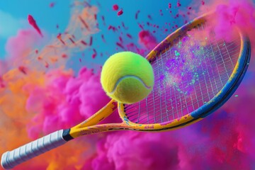Tennis ball colliding with racket amidst vibrant colored powder explosion on a dynamic blue and pink background. Sports and action concept.