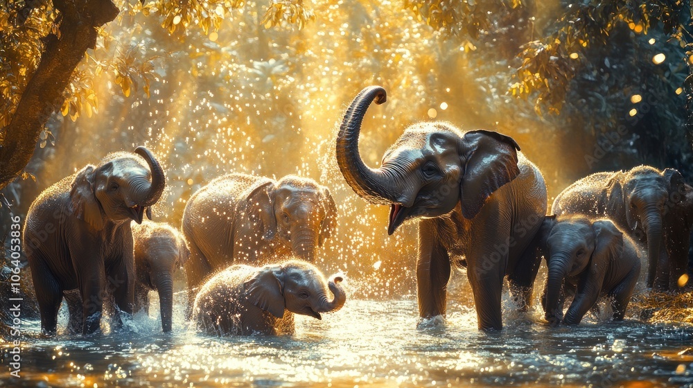 Poster a herd of elephants playing in a river with water splashing and sunlight shining through the trees.