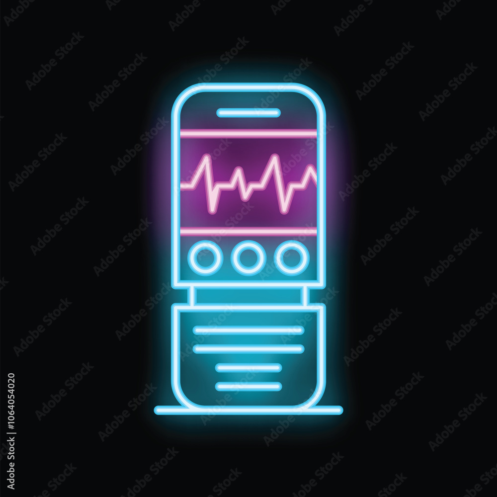 Poster Glowing neon icon of a smartphone displaying a heartbeat rate on its screen and text messages below, isolated on a black background