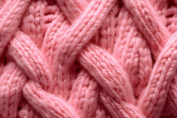 Close-up of a pink knitted fabric with textured patterns and a pattern in the form of braids and weaves