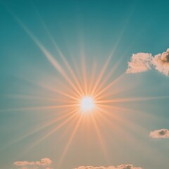 A stunning golden sun, glowing brightly against a blurred blue sky, with rays radiating warmth and celebration