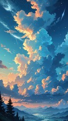 Moonlit Sky with Shooting Star and Clouds Over Mountains, fantasy phone wallpaper