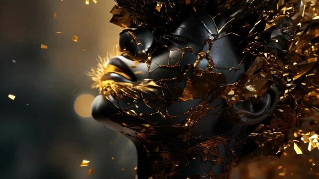 A woman's face is covered in gold and broken glass. The image has a surreal and dreamlike quality, with the woman's face appearing to be made of shattered glass and gold