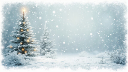 Obraz premium Snowy Winter Landscape with Decorated Evergreen Trees Illuminated by Soft Lights on a Calm Evening, Capturing the Serene Holiday Spirit Amidst Snowfall, Christmas Beauty, and Festive Tranquility