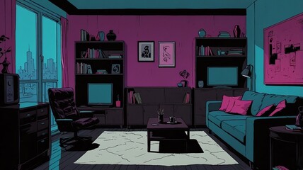 Modern Apartment in Comic Book Style with Cyan and Magenta Accents