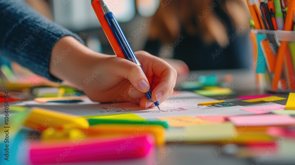 Poster close-up of a hand writing on a sheet of paper with colorful sticky notes and markers on a table.