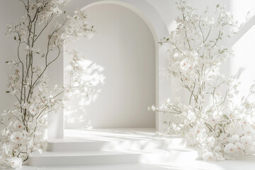 Elegant Arch and Podium Photoshoot Backdrop: Floral-Stemmed Archway Corner Design for Wedding, Maternity, and Portrait Photography