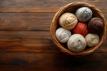 A wicker basket with colorful balls of yarn on a wooden table, top view, a place to copy from the side