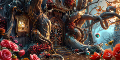 Fototapeta premium Treehouse: A twisted treehouse, its branches tangled and gnarled, home to strange, glowing orbs and unsettling whispers.