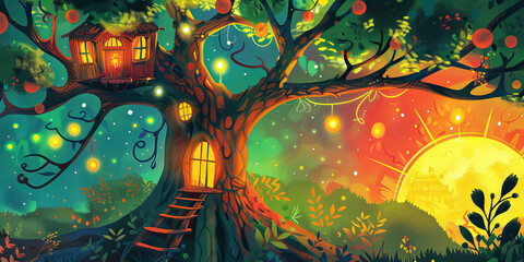 Treehouse: A twisted treehouse, its branches tangled and gnarled, home to strange, glowing orbs and unsettling whispers.