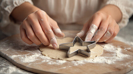 Close-up of woman's hands pressing star-shaped cookie cutter into dough on flour-dusted wooden board. Home baking preparation for holiday cookies or festive treats. Ideal for header, poster, banner. 