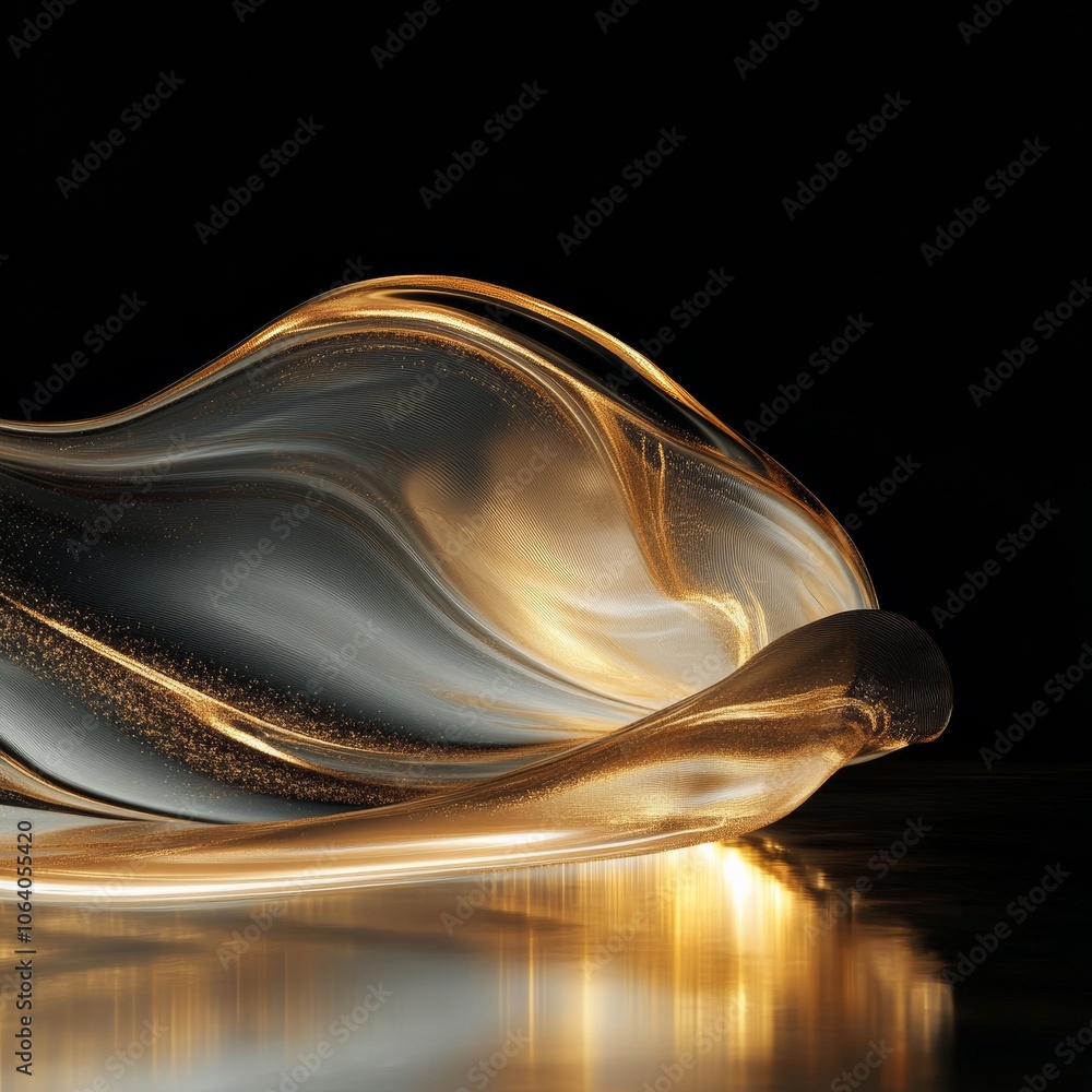 Aufkleber a vibrant gold abstract swirl, flowing across a smooth dark surface, illuminated by soft light, crea