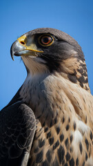 Obraz premium A hawk perches on a weathered stump, focused intently on prey. Sunlight highlights its reddish-brown feathers against a blurred green forest backdrop, enhancing its powerful presence.
