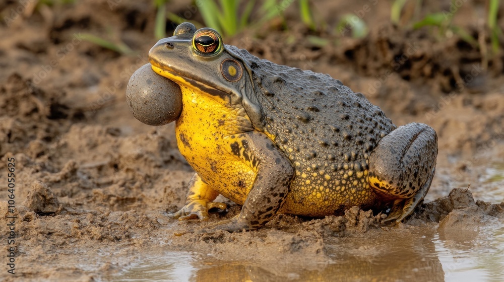 Poster a large green frog with yellow markings sits on the edge of a puddle and holds a large round object 