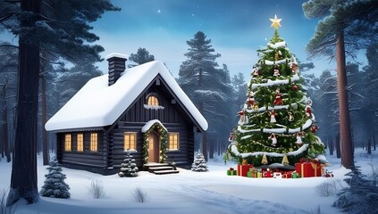 Naklejka premium A Christmas-perfect winter fairy-tale landscape, far away in the wild forest of Scandinavia, snow-covered house, Snowy Christmas scene, festive, holiday concept created with generative ai