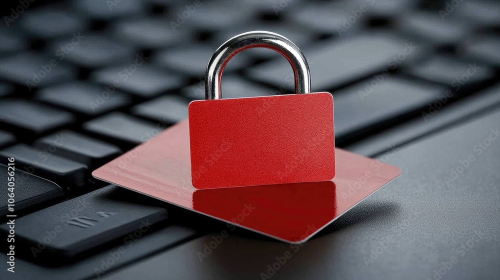 Poster secure access concept with an old padlock resting on a black keyboard alongside a red credit card, s