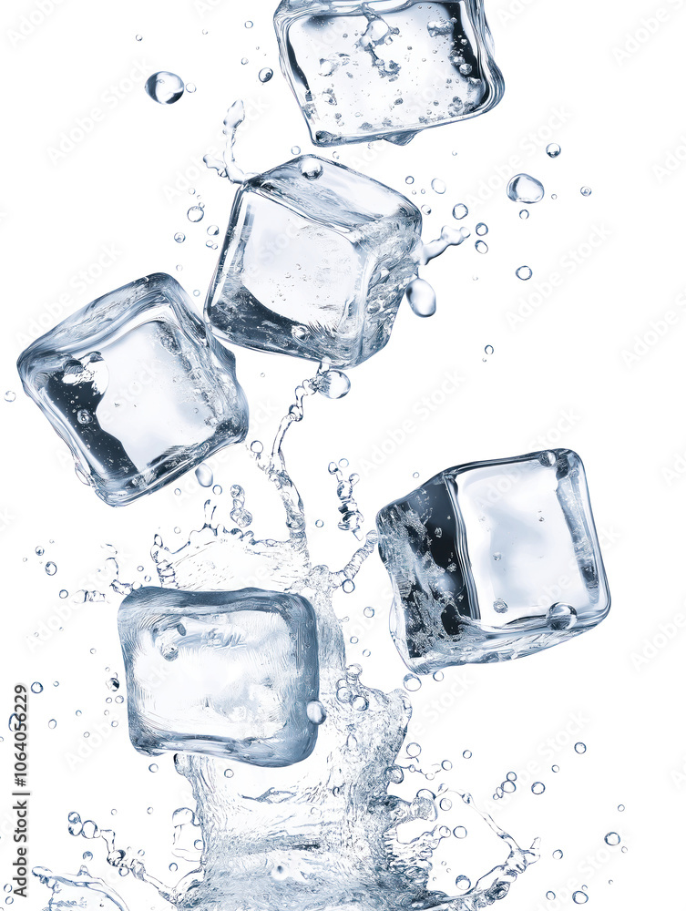 Poster Collection of six unique ice cubes in pool of water. Ice cubes in diagonal line with largest at bottom, smallest at top. Water surrounding ice cubes disturbed, creating dynamic scene with splashes,