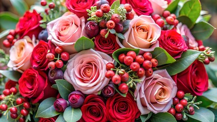 A bouquet of red and pink roses with berries and eucalyptus leaves