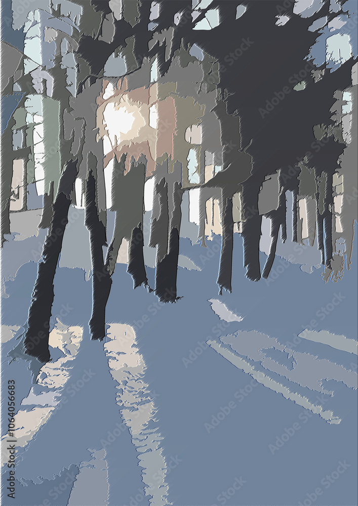 Aufkleber forest with trees, sunlight and shadows of tall trees on snow - snowy abstract graphics with 3d effe