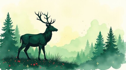 silhouette of a deer against the background of a forest, New Year's landscape, watercolor background.