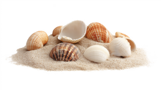Collection of seashells in various sizes, colors scattered on sandy beach. Large brown shell central, small dark brown shell right side. Beach provides contrasting background to seashell colors.