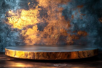 Empty round platform with golden texture on dark background.