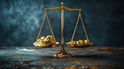Golden scale balancing wealth, justice, and investment in a mystical setting