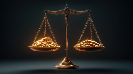 Golden scale balancing wealth, justice, and investment in a mystical setting