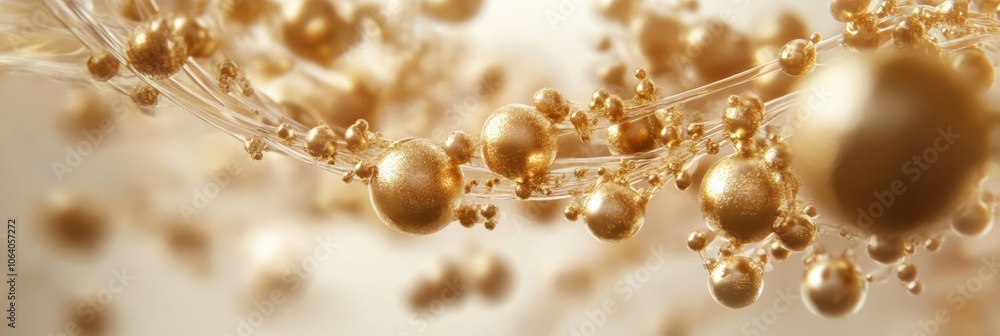 Poster an abstract design of golden particles, suspended in mid-air against a soft background, creating a s
