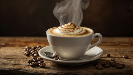 Steaming fragrant cappuccino coffee with milk foam