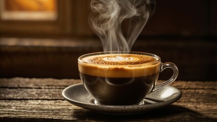 Steaming fragrant coffee in a glass cup on a rough wooden table. A refreshing drink to take a break from work