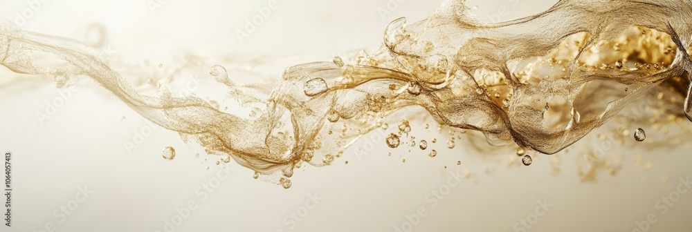 Poster an abstract design of golden particles, suspended in mid-air against a soft background, creating a s