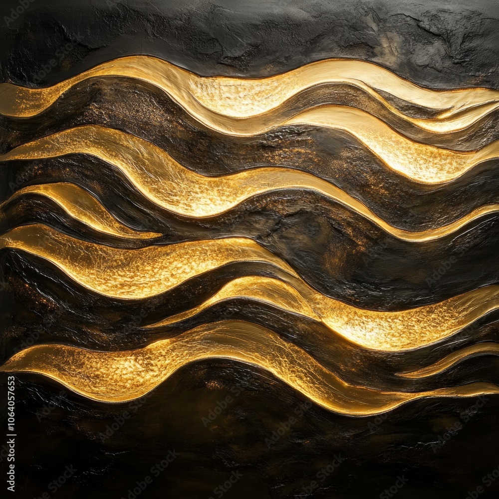 Aufkleber an abstract design of golden waves, flowing across a textured dark surface, illuminated by soft ligh