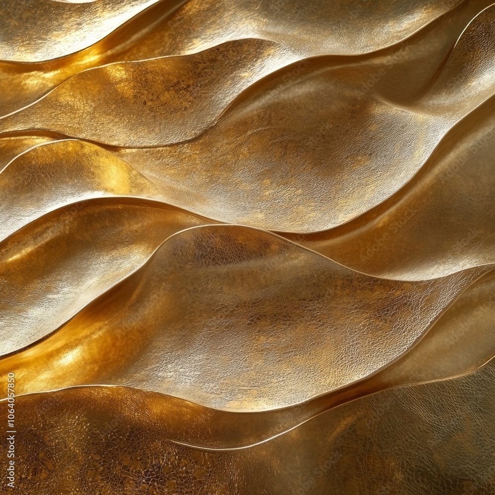 Poster an abstract design of golden waves, flowing gracefully across a textured surface, illuminated by sof