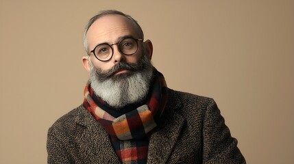 Fototapeta premium Mature Man with Gray Beard in Plaid Scarf and Tweed Jacket, Sophisticated Portrait, Vintage Fashion Look, Autumn Style, Thoughtful Expression, Professional Headshot