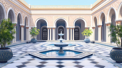 Obraz premium Opulent marble courtyard with ornate arches and flowing fountain in historic palace. Arabic Courtyard Fountain. Illustration