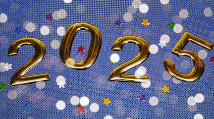 golden  numbers 2025 two thousand twenty five new year with stars confetti