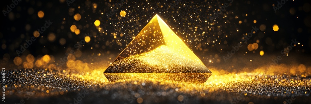 Poster an abstract illustration of a shiny golden geometric shape, surrounded by sparkling particles, with 