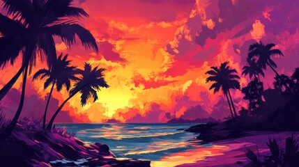A vibrant, stylized sunset over a tropical beach with palm trees, a calm ocean, and colorful clouds in the sky.