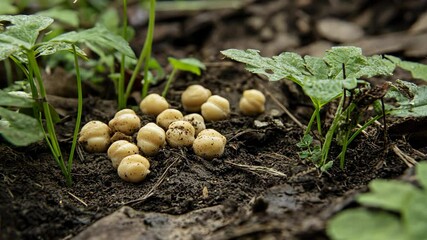 A close-up of chickpeas growing in soil, surrounded by green plants