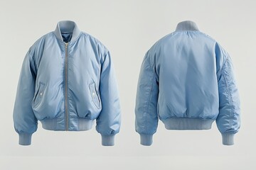 Front and back view of neutral blue bomber jacket mockup