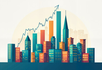 Obraz premium Colorful city skyline with upward trend line, modern illustration, financial growth concept