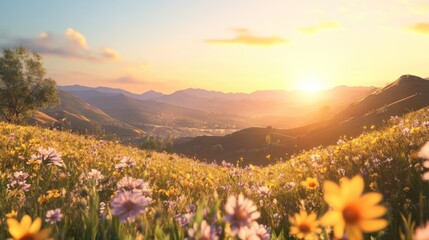 Obraz premium A breathtaking sunrise over a field of wildflowers in the mountains.