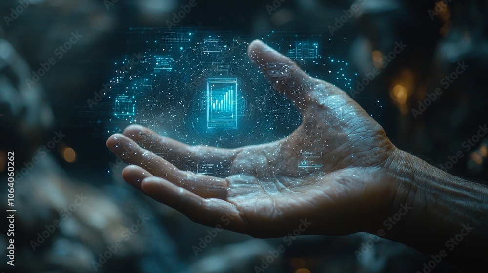 Poster corporate professional holds hologram displaying data insights for enhanced decision-making in busin
