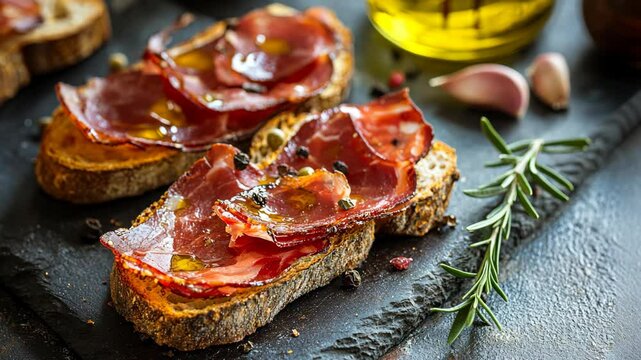 Two slices of toasted bread topped with cured meat and drizzled with olive oil, on a slate serving board