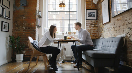 Young Caucasian couple having a light meal in a rustic cafe, engaging in a lively conversation by the window.