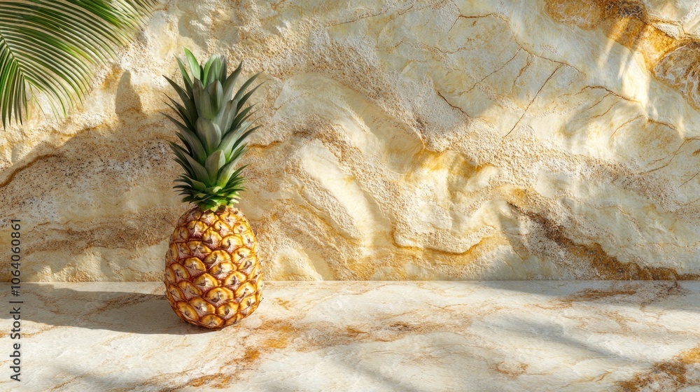 Poster a single ripe pineapple sits on a marble countertop in front of a textured wall with shadows from a 
