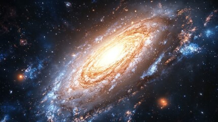 Fototapeta premium A vibrant, swirling galaxy with a bright, yellow center and a surrounding blue haze, set against a black background of scattered stars.